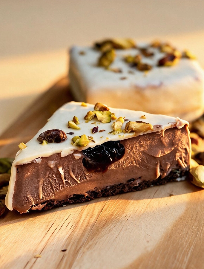 Porción de postre helado con pistachos