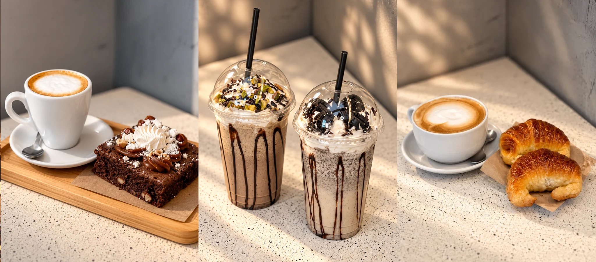 Torta helada de pistacho, milkshake y cafetería